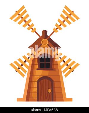 Traditional old windmill. Wooden mill. Cartoon style design. Vector illustration isolated on white background. Web site page and mobile app design. Stock Vector