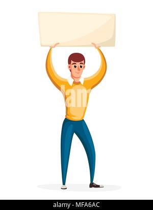 Man holding banner with no transparency, political protest activism. Concept of picket. Cartoon style character design. Vector illustration isolated o Stock Vector