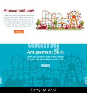 Amusement park. Cartoon style design. Roller coaster, carousel, pirate ship and red tents. Vector illustration on white background. Entertainment conc Stock Vector