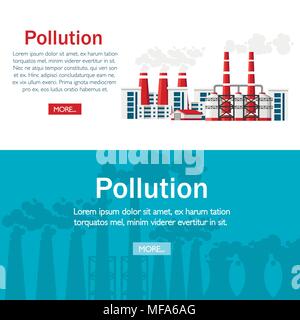 Problems of Ecology concept. Factories with smoke pipes. Environmental pollution problem. Earth factory pollute with carbon gas.Vector flat illustrati Stock Vector