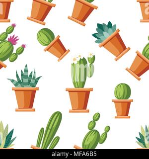 Seamless pattern of flower and decorative cactus. Home plants cactus in pots and with flowers. A variety of decorative floral. Cartoon style design. V Stock Vector