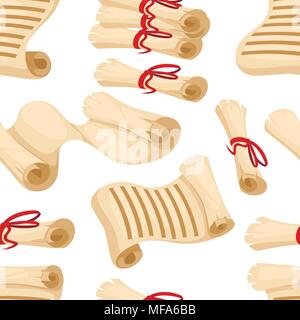 Seamless pattern of Ancient scrolls . Papyrus scroll with red ribbon. Rolled and open old scrolls. Cartoon style design. Vector illustration on white  Stock Vector