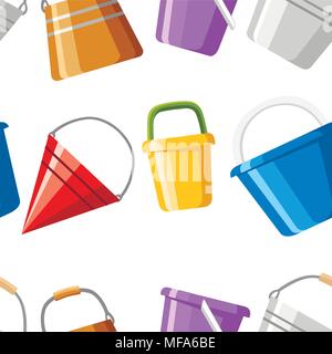 Seamless pattern of buckets. A variety of bucket. Colored containers for water or sand. Cartoon style design. Vector illustration on white background. Stock Vector