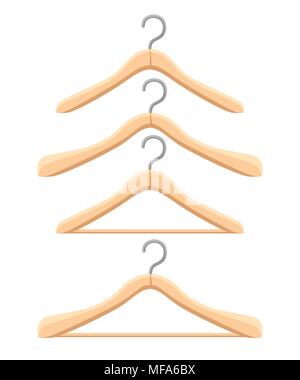Set of wooden hanger. Four different hangers. Flat style design. Vector illustration isolated on white background. Web site page and mobile app. Stock Vector