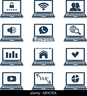 Laptop icons with signs and symbols on screen. Vector illustration. Stock Vector