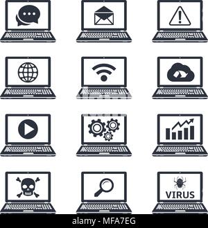 Collection of laptop icons with signs and symbols on screen. Vector illustration. Stock Vector