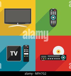 Smart TV, remote control, DVD player and TV box receiver flat design vector icons Stock Vector