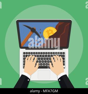 Bitcoin concept. Bitcoin mining concept with laptop, pickaxe, coin and mountain. Earning cryptocurrency. Vector illustration. Stock Vector