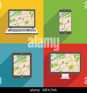 Flat design long shadow styled modern vector icon set of gadgets and devices with GPS map Stock Vector