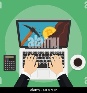 Bitcoin mining concept with laptop, pickaxe, coin and mountain. Earning cryptocurrency. Vector illustration. Stock Vector