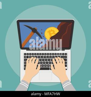 Mining bitcoin from laptop. Cryptocurrency concept. Flat design vector illustration. Stock Vector
