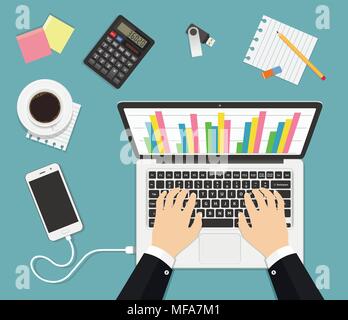 Businessman working on laptop analyzing graph statistic. Flat design concept. Vector illustration. Stock Vector