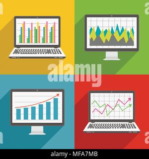 Computer screen and laptop flat design icons with financial charts and graphs Stock Vector