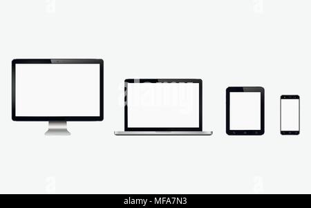 Set of realistic computer monitor, laptop, tablet, mobile phone. Smart digital device set. EPS10 vector illustration. Stock Vector
