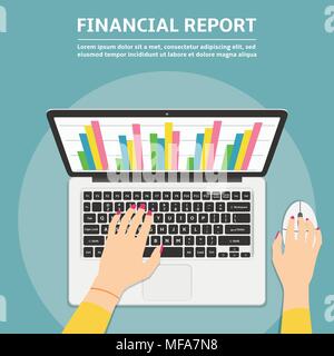 Woman hands using laptop with financial report graph on monitor. Flat design illustration. Stock Vector