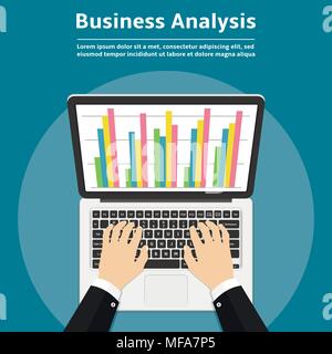 Businessman with laptop analyzes data. Analysis concept, flat design. Vector illustration. Stock Vector