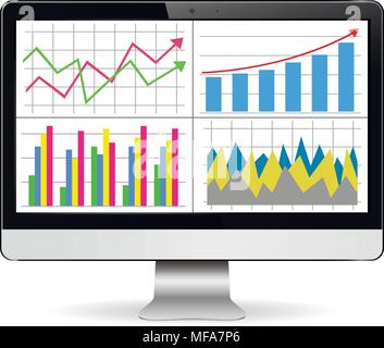 Computer screen with financial charts and graphs. Isolated on white. Vector illustration. Stock Vector