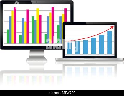 Computer monitor and laptop with financial chart and graph. Isolated on white background with reflection. Vector illustration. Stock Vector