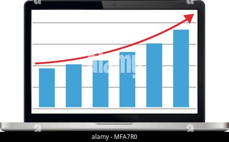 Laptop illustration with financial graph on screen. Isolated on white background. Vector. Stock Vector