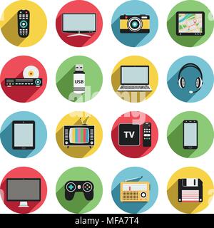 Technology and multimedia flat icons with long shadow. Vector illustration. Stock Vector