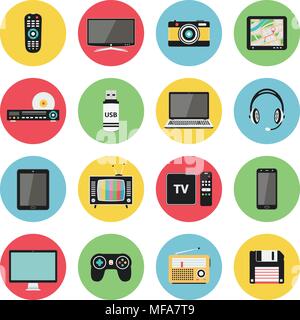 Flat icons set of multimedia and technology devices, audio and video items and objects. Vector illustration. Stock Vector