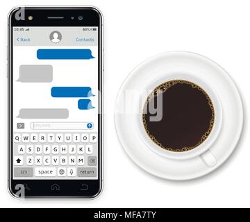 Realistic smartphone, chatting sms app template speech bubbles and coffee cup on a white background. Vector illustration. Stock Vector