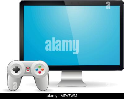 Gamepad and modern computer display with empty blank screen. Vector illustration. Stock Vector