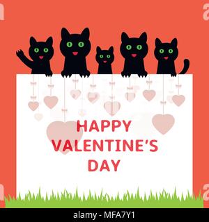 Cartoon kittens hiding behind paper. Happy Valentines day greeting card. Vector illustration. Stock Vector