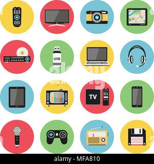 Flat icons set of multimedia and technology devices, audio and video items and objects. Vector illustration. Stock Vector