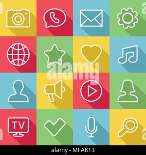 Thin lines web icons set - Contact and communication. Long shadow flat design vector illustration. Stock Vector