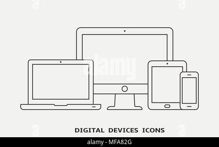 Vector set of outline device icons. Monitor, laptop, tablet pc and smartphone. Vector illustration Stock Vector