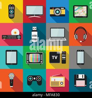 Set of technology and multimedia devices icons with long shadow effect. Vector illustration eps10 Stock Vector