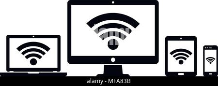 Computer display, laptop, tablet and smartphone icons with wifi internet connection symbol. Vector illustration. Stock Vector