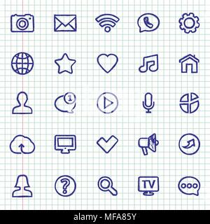 Hand-drawn contact and communication icons on notebook sheet. Vector illustration. Stock Vector