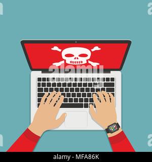 Concept of computer system error. Hands on laptop keyboard and scull on laptop red screen. Flat vector illustration. Stock Vector