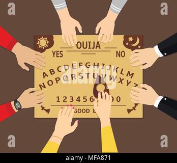 Ouija board playing. A group of people communicate with spirits through a spiritual board ouija. Flat design vector illustration. Stock Vector
