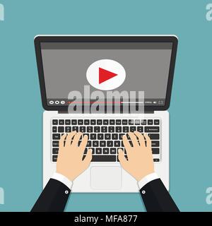 Hands on keyboard laptop. Watch video. Flat design, vector Stock Vector