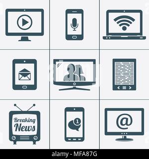 Digital devices icons with contact and communication signs on screen. Vector illustration. Stock Vector