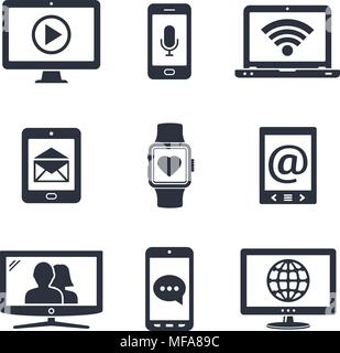 Digital devices icons with contact and communication signs on screen. Vector illustration. Stock Vector