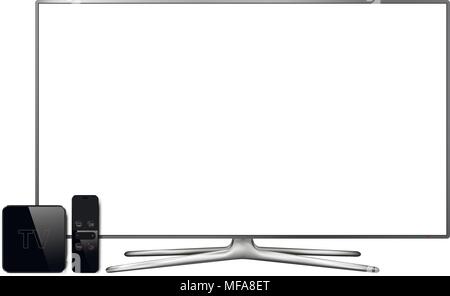 Smart tv and multimedia box with remote controller. Isolated on white background. Vector illustration. Stock Vector