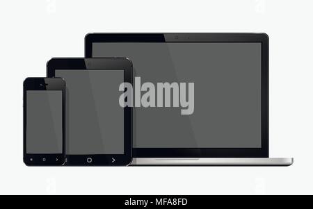 Laptop, smart phone and tablet pc mock up isolated on white background Stock Vector