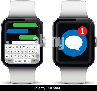 Chatting and messaging concept. Smart watches with sms chat and messaging sms app. Isolated on white background. Vector illustration. Stock Vector