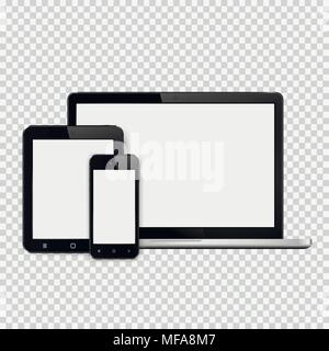 Set of modern technology devices template for responsive design presentation. Mockup consist of laptop, smartphone and tablet pc. Isolated on white ba Stock Vector