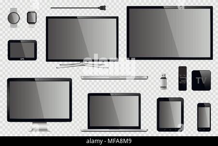 Set of realistic TV, computer monitor, laptop, tablet, mobile phone, smart watch, usb flash drive, TV box receiver, GPS navigation system device and e Stock Vector