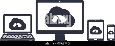 Cloud network on computer display laptop, tablet, smartphone icons. Vector illustration. Stock Vector