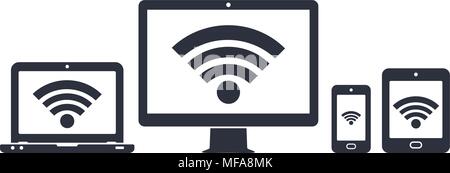 Computer display, laptop, tablet and smartphone icons with wifi internet connection symbol. Vector illustration. Stock Vector