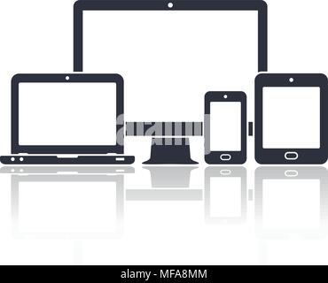 Device icons: smart phone, tablet, laptop and computer monitor with reflect on white background. Vector illustration of responsive web design. Stock Vector