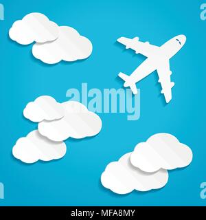 Paper flying plane in clouds. Blue sky travel background. Vector illustration. Stock Vector