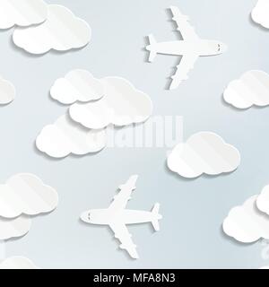 Seamless pattern with paper planes and clouds. Paper cut travel background. Vector illustration. Stock Vector