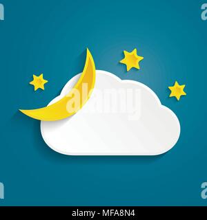 Half moon, cloud and stars in the night. Paper art style concept. Vector illustration. Stock Vector